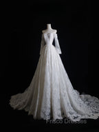 Timeless A Line Off The Shoulder White Lace Long Sleeves Wedding Dress Bridal Dress