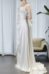 Timeless A Line Spaghetti Straps White Satin Long Wedding Dresses