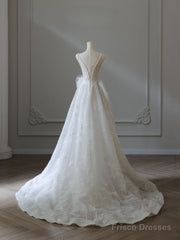 Timeless A Line V Neckline Sequin Sleeveless White Wedding Dresses Brides Dress