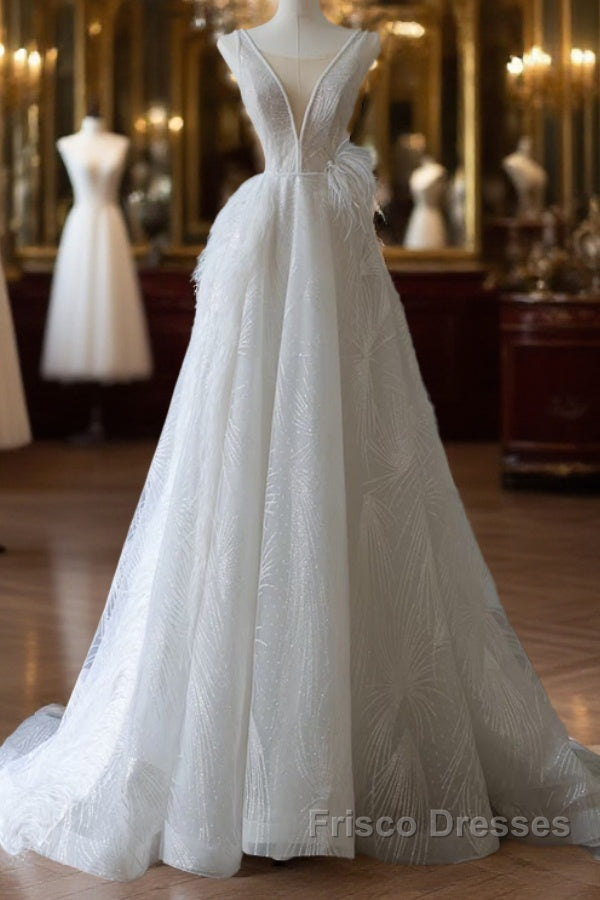 Timeless A Line V Neckline Sequin Sleeveless White Wedding Dress Brides Dress Main image