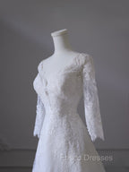 Timeless A Line V Neckline Tulle White Lace Long Wedding Dress Bridal Dress