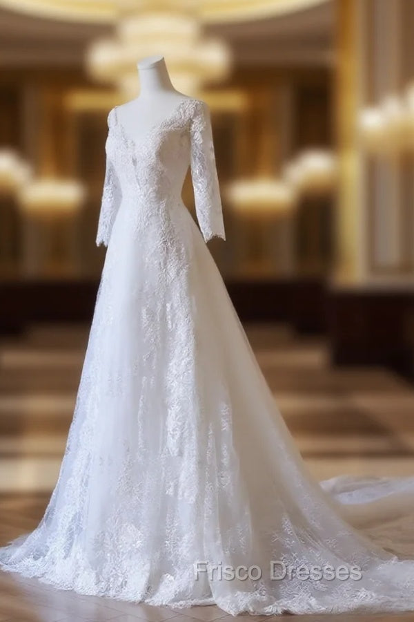 Timeless A Line V Neckline Tulle White Lace Long Wedding Dress Bridal Dress