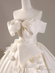 Timeless Ball Gown Off The Shoulder Short Sleeves Satin White Wedding Dresses Brides Dress