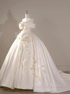 Timeless Ball Gown Off The Shoulder Short Sleeves Satin White Wedding Dress Brides Dress