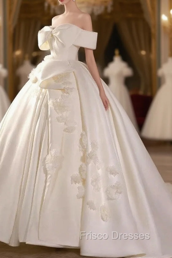 Timeless Ball Gown Off The Shoulder Short Sleeves Satin White Wedding Dress Brides Dress Main image