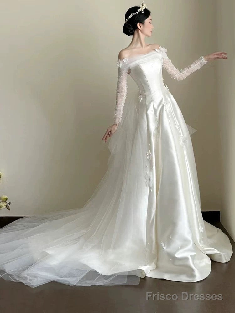 Timeless Ball Gown Off The Shoulder White Tulle Long Wedding Dresses Bridal Dress