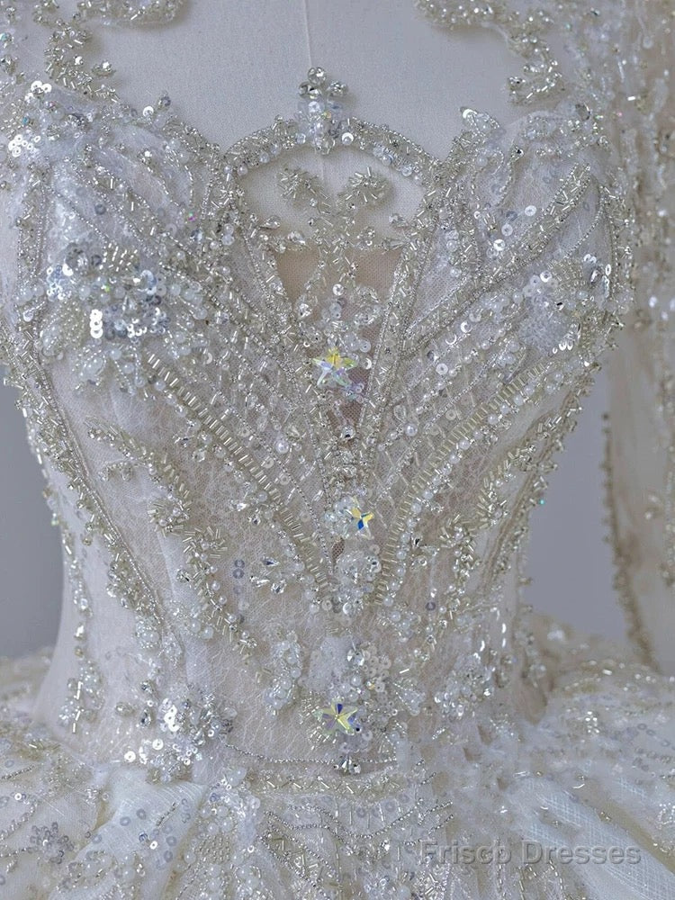 Timeless Ball Gown Scoop Long Sleeves Lace White Wedding Dresses Brides Dress
