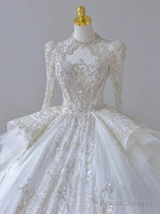 Timeless Ball Gown Scoop Long Sleeves Lace White Wedding Dresses Brides Dress