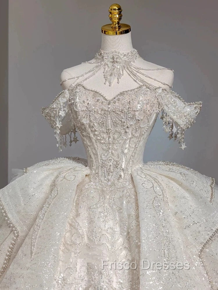 Timeless Ball Gown Sweetheart Short Sleeves Lace White Wedding Dress Brides Dress