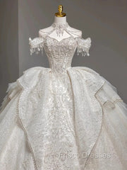 Timeless Ball Gown Sweetheart Short Sleeves Lace White Wedding Dress Brides Dress