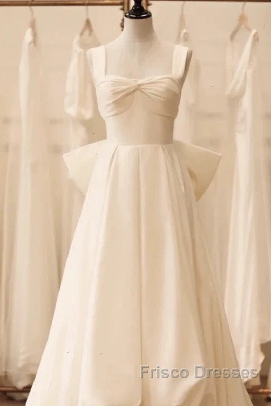 Timeless High Low Square Neckline Long White Satin Wedding Dress Secondary image