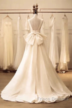 Timeless High Low Square Neckline Long White Satin Wedding Dress