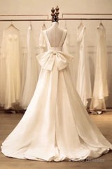 Timeless High Low Square Neckline Long White Satin Wedding Dresses