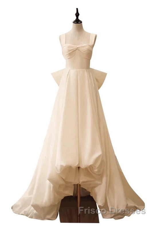 Timeless High Low Square Neckline Long White Satin Wedding Dress