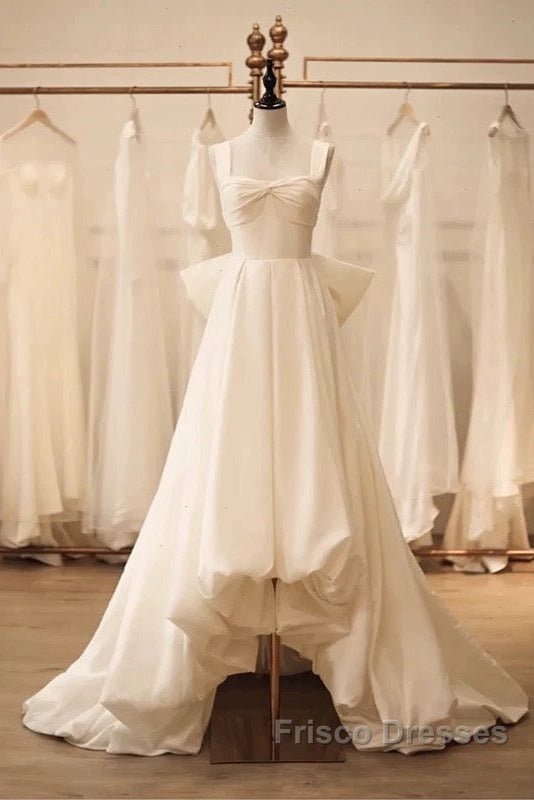 Timeless High Low Square Neckline Long White Satin Wedding Dress