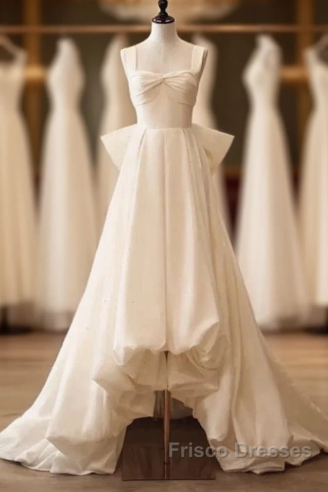 Timeless High Low Square Neckline Long White Satin Wedding Dress Main image