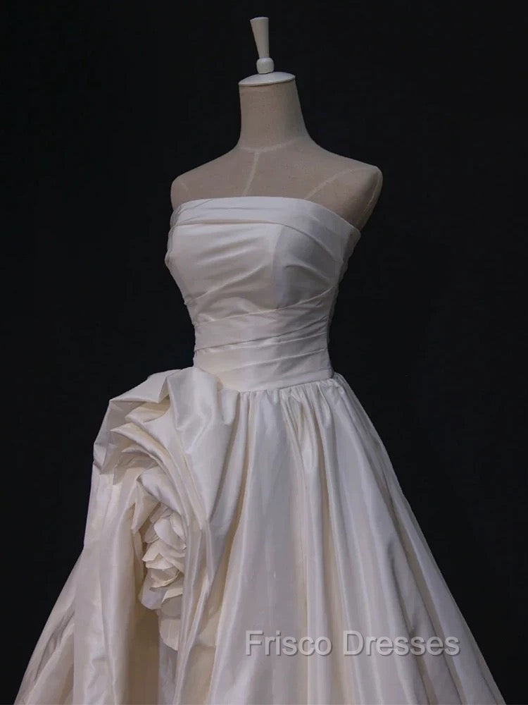 Timeless High Low Strapless Satin Ivory Wedding Dress Brides Dress