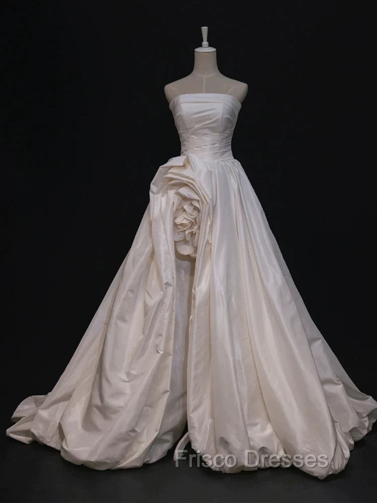 Timeless High Low Strapless Satin Ivory Wedding Dress Brides Dress