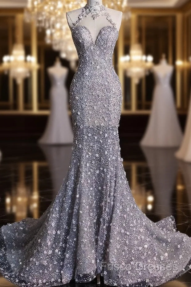 Timeless Mermaid High Neckline Sequin Ruffles Long Wedding Dress Bridal Dress