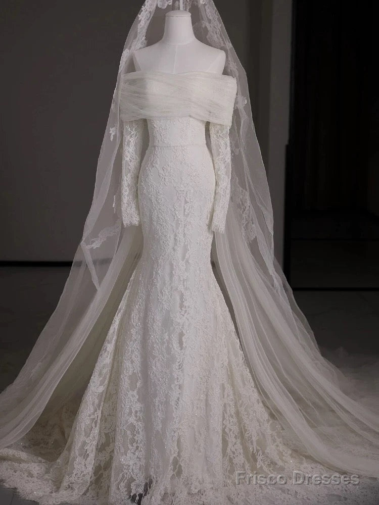 Timeless Mermaid Off The Shoulder Long Sleeves White Lace Wedding Dresses Main image