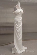 Timeless Mermaid Off The Shoulder Short Sleeves White Satin Wedding Dress