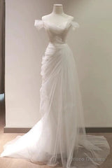 Timeless Mermaid Off The Shoulder Tulle White Wedding Dresses
