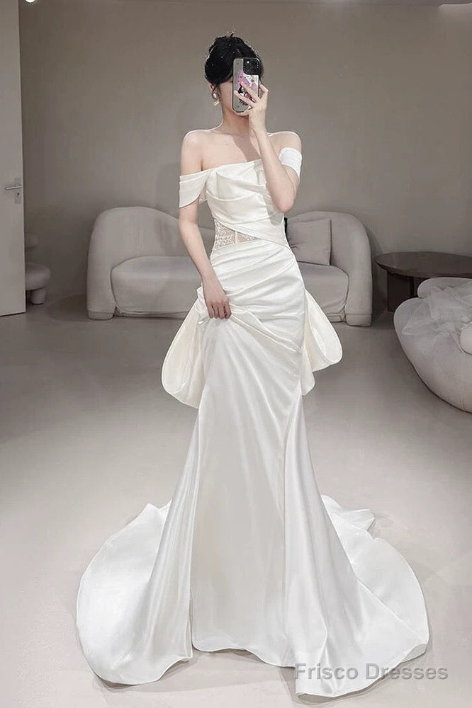 Timeless Mermaid Off The Shoulder White Satin Long Wedding Dresses Bridal Dress Secondary image