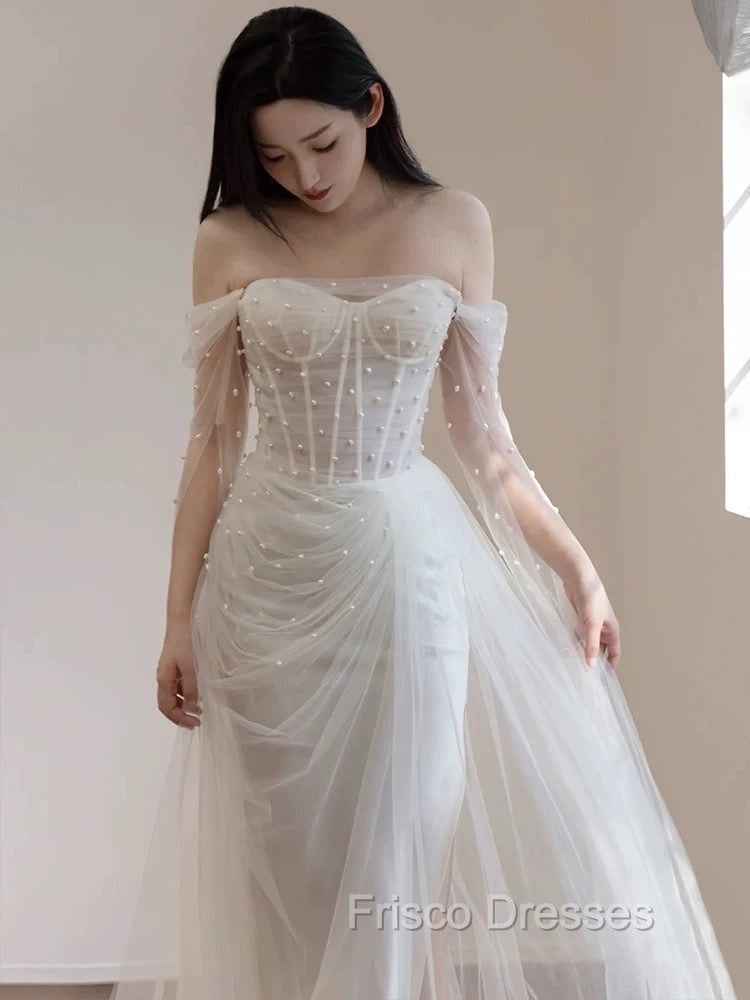 Timeless Mermaid Off The Shoulder White Tulle Long Wedding Dress Bridal Dress