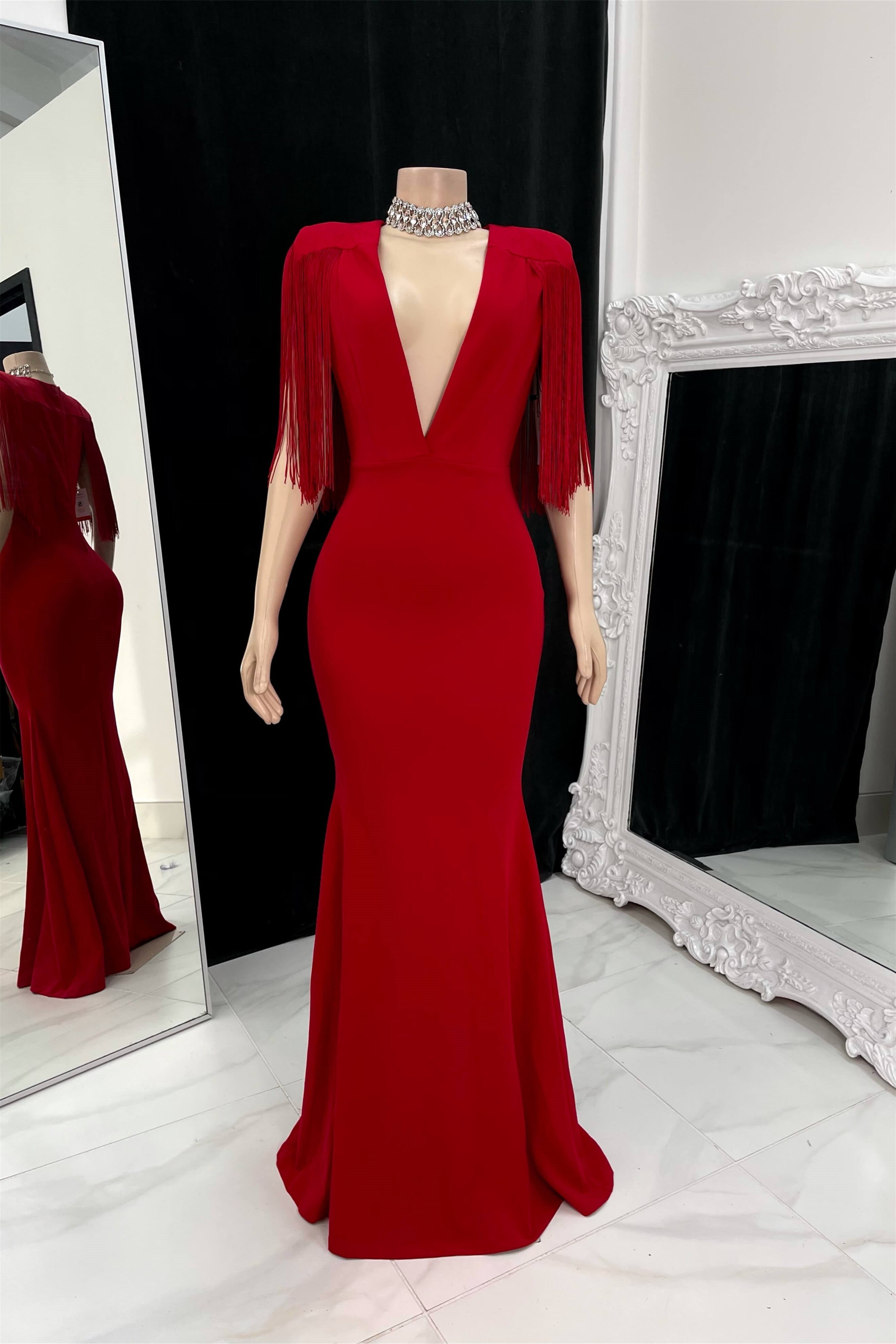 Timeless Red V-Neck Short Sleeves Satin Prom Dresses Mermaid Tassel With Zipper Main image