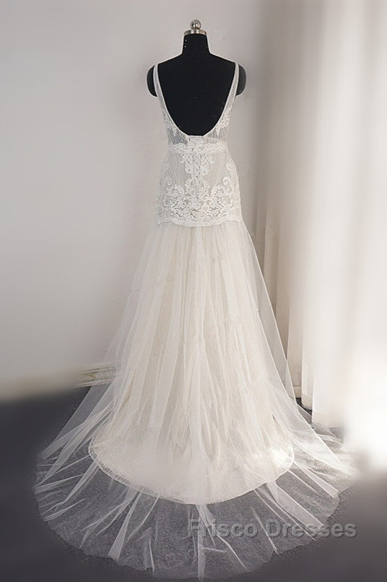 Trendy Ivory Sleeveless Lace Tulle High split A line Wedding Dress Secondary image