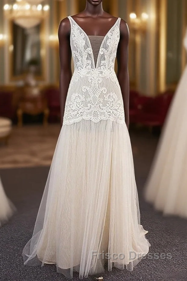 Trendy Ivory Sleeveless Lace Tulle High split A line Wedding Dress Main image