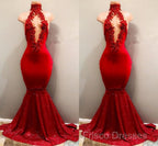 Trendy Mermaid Red Lace High Neck Formal Prom Party Gowns| Red Formal Prom Party Gowns