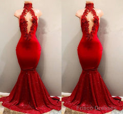 Trendy Mermaid Red Lace High Neck Prom Party Gowns| Red Prom Party Gowns