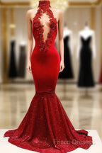 Trendy Mermaid Red Lace High Neck Formal Prom Party Gowns| Red Formal Prom Party Gowns