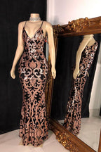 Trendy Sequins Appliques V-Neck Spaghetti Long Mermaid Prom Gowns