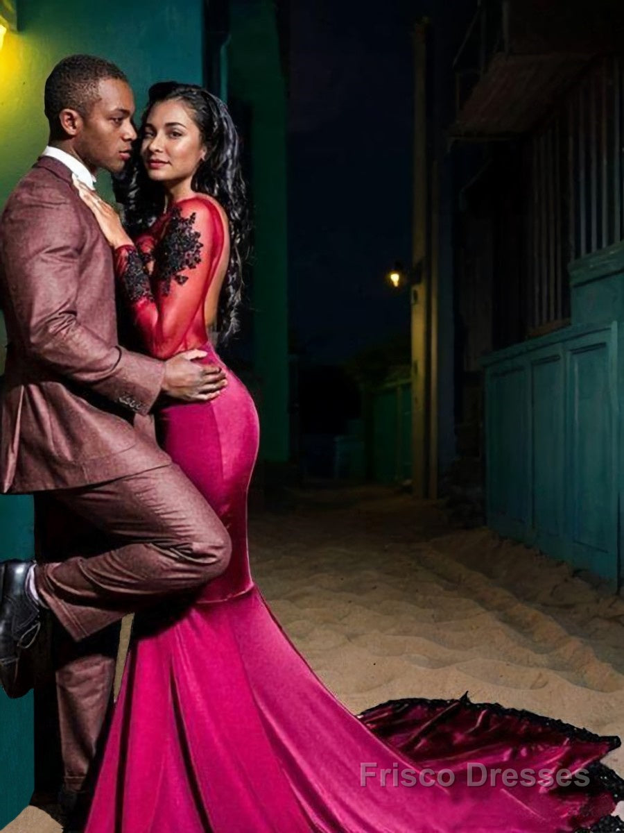 Trumpet/Mermaid Bateau Sweep Train Spandex Evening Dresses With Appliques Lace Secondary image