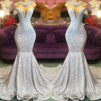 Trumpet Mermaid Beading Sequin White Formal Prom Dress