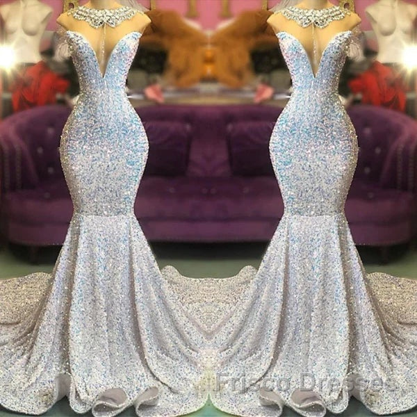Trumpet Mermaid Beading Sequin White Formal Prom Dress