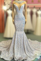 Trumpet Mermaid Beading Sequin White Formal Prom Dress