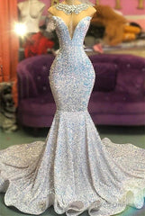 Trumpet Mermaid Beading Sequin White Prom Dress