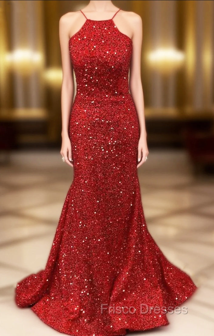 Trumpet/Mermaid Halter Sleeveless Sweep Train Velvet Sequins Formal Prom Dress Main image