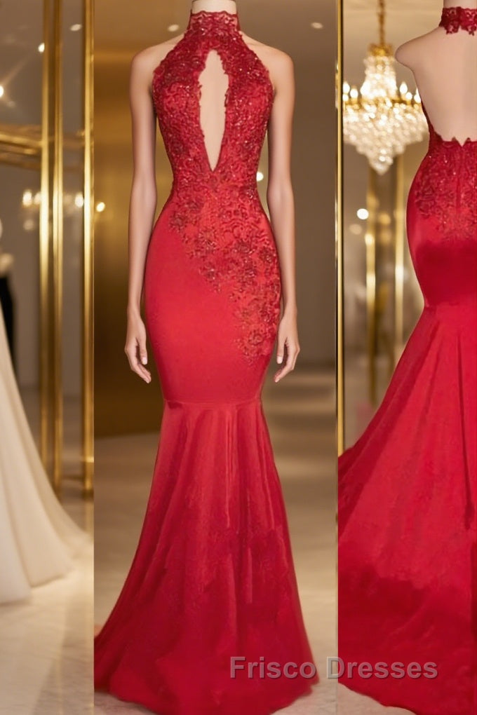 Trumpet/Mermaid Halter Sweep Train Charmeuse Formal Prom Dress With Appliques Lace Main image