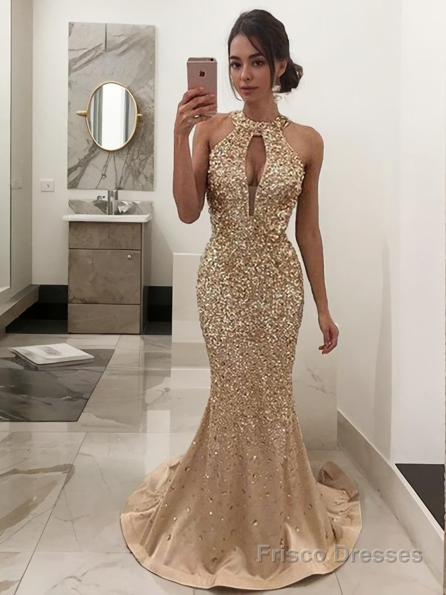 Trumpet/Mermaid Halter Sweep Train Satin Prom Dresses Main image