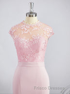 Trumpet/Mermaid High Neck Floor-Length Stretch Crepe Bridesmaid Dress with Appliques Lace