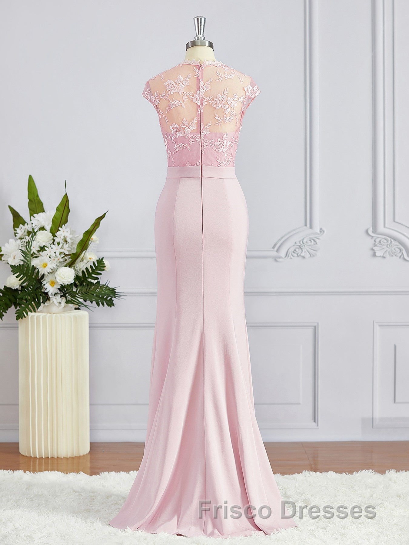 Trumpet/Mermaid High Neck Floor-Length Stretch Crepe Bridesmaid Dress with Appliques Lace