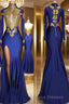 Trumpet/Mermaid High Neck Sweep Train Jersey Formal Prom Dress With Leg Slit