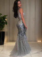Trumpet/Mermaid Jewel Sweep Train Sequins Prom Dresses With Sequin