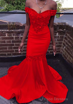 Trumpet/Mermaid Off-the-Shoulder Court Train Satin Prom Dresses With Beading Flowers