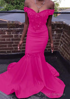 Trumpet/Mermaid Off-the-Shoulder Court Train Satin Prom Dresses With Beading Flowers