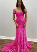 Trumpet/Mermaid Off-the-Shoulder Court Train Tulle Prom Dresses With Lace Appliqued